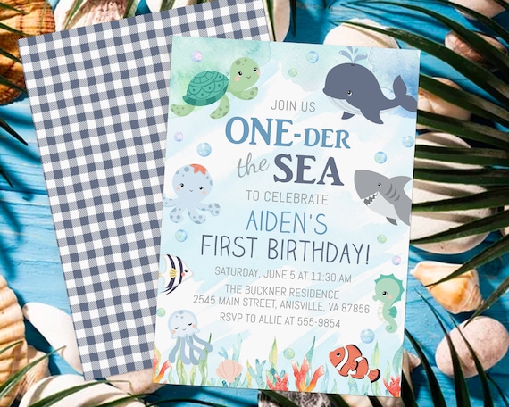 Ocean Birthday Invitation Template, ocean animals, boy, blue, editable, First Birthday One-der the Sea, instant download Il_570xn