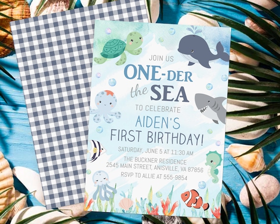 Ocean Birthday Invitation Template, Ocean Animals, Boy, Blue, Editable,  First Birthday One-der the Sea, Instant Download CB1 