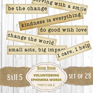 Volunteering Charity Printable Words, Scrapbooking Ephemera, Collage Sheet, Mixed Media, Slogans, Captions, Stickers, Digital
