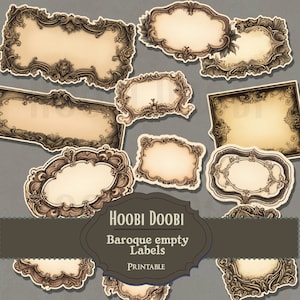 May include: Set of ten printable vintage-style labels with ornate frames. The labels are blank and can be used for a variety of purposes, such as gift tags, jar labels, or scrapbook embellishments. The labels are in a baroque style with intricate details and a cream background.