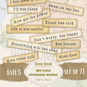 Bee Puns Printable Words, Spring, Junk Journal Bee Ephemera, Collage Sheet, Supplies, Mixed Media, Funny Words, Cute, Stickers, Digital