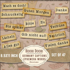Deutsche druckbare Wörter, Junk Journal France Ephemera, Collage Sheet, Mixed Media, süße Bildunterschriften, Aufkleber, digitaler Download
