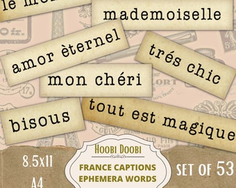 May include: A set of 53 printable French caption ephemera words in a vintage style. The words are printed on brown paper with a white background. The words include "joie de vivre", "le monde est a", "mademoiselle", "amor éternel", "mon chéri", "trés chic", "bisous", "tout est magique".