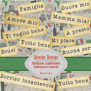 Italienische druckbare Wörter, Junk Journal Italien Ephemera, Collage Sheet, Mixed Media, süße Bildunterschriften, Aufkleber, digitaler Download
