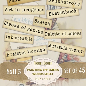 Painting Drawing Printable Words, Junk Journal Ephemera, Collage Sheet, Mixed Media, Funny Captions, Cute Puns, Stickers, Digital, Lines