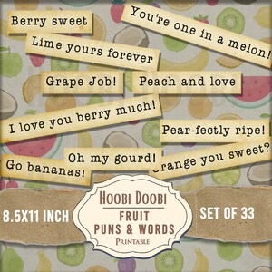 Wortspiele zum Kochen mit Obst und Gemüse, druckbare Wörter, Junk Journal Bee Ephemera, Collage Sheet, Mixed Media, lustige Wörter, süß, Aufkleber, digital