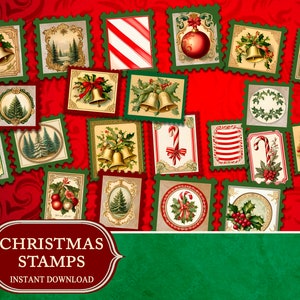 Puede incluir: Una colección de sellos con temática navideña con bordes festoneados verdes, dispuestos sobre un fondo rojo. Los sellos presentan diseños festivos como campanas, árboles de Navidad, bastones de caramelo y adornos. El texto "CHRISTMAS STAMPS" y "INSTANT DOWNLOAD" se muestra en una pancarta.