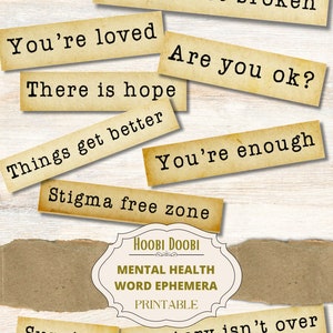 Mental Health Printable Words, Junk Journal Awareness Ephemera, Collage Sheet, Mixed Media, Positive Captions, Stickers, Digital Download