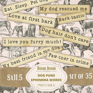 Dog Puns Printable Words, Junk Journal Pet Ephemera, Collage Sheet, Mixed Media, Funny Words Captions, Cute, Stickers, Digital, Animal Lines