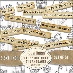 Alles Gute zum Geburtstag, verschiedene Sprachen, druckbare Wörter, niedliche Wortspiele, Junk Journal Pet Ephemera, gemischte Medien, lustige Wortbeschriftungen, Aufkleber