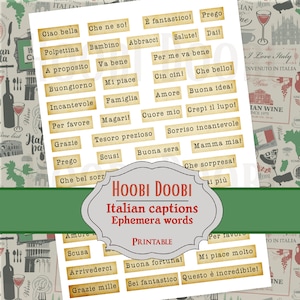 Può includere: Parole e didascalie effimere italiane stampabili su carta invecchiata. Le frasi includono "Ciao bella", "Buongiorno" e "Grazie". L'immagine presenta uno sfondo decorativo con elementi a tema italiano.