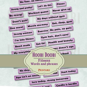 Fitness Exercise Health Printable Words, Junk Journal Ephemera, Collage Sheet, Mixed Media, Positive Captions, Stickers, Digital