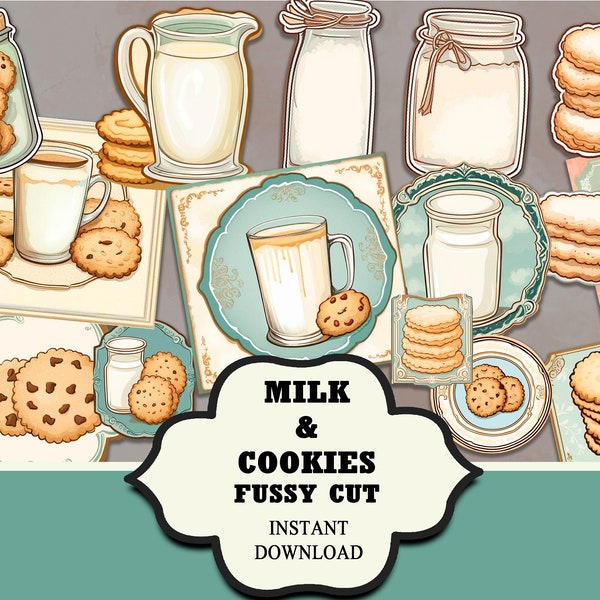 Milk & Cookies Fussy Cut, Printable Ephemera Pack, Junk Journal, Post Card, Scrapbooking, Collage Sheet, Digi Kit, Digital, Vintage