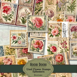 Puede incluir: Una hoja digital imprimible de sellos de flores vintage. La hoja presenta una variedad de diseños florales, incluyendo rosas, peonías y otras flores. Los sellos son de varios colores, incluyendo rosa, rojo, amarillo y blanco. La hoja está etiquetada "Hoobi Doobi Used Flower Stamps Ephemera Printable".