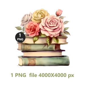 Watercolor stack of books with flowers print, sublimation png print