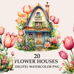 Flower house watercolor clipart png, spring clipart, digital download
