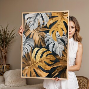 Gold and Teal Monstera Leaf Painting - Tropical Wall Art, Modern Botanical Decor, Printable Digital Download
