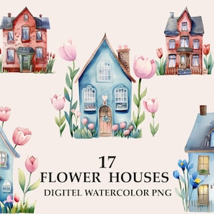 Flower house watercolor clipart png, spring clipart, digital download
