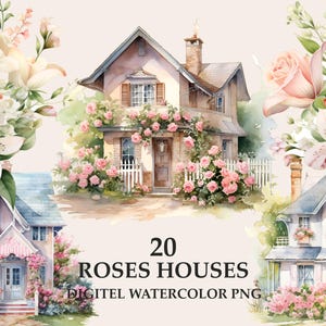 House with roses watercolor clipart png, springhouse with flowers png clipart