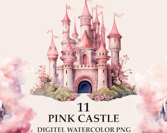 Pink castle watercolor cute clipart png