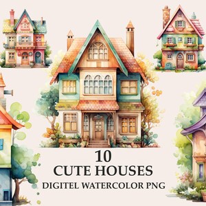 Cute house clipart digital watercolor png, country cottage  multicolors