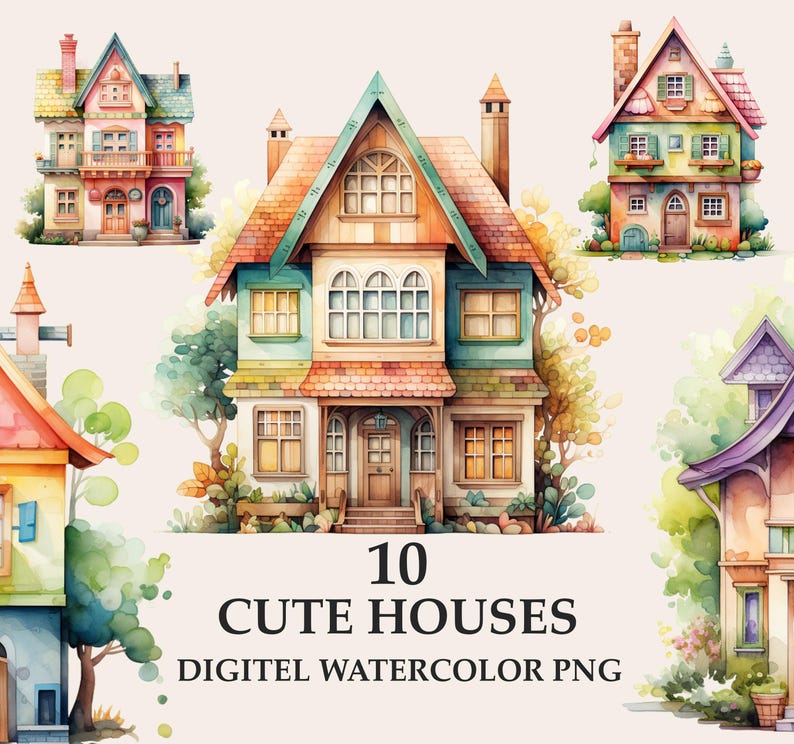 Cute House Clipart Digital Watercolor Png, Country Cottage Multicolors ...