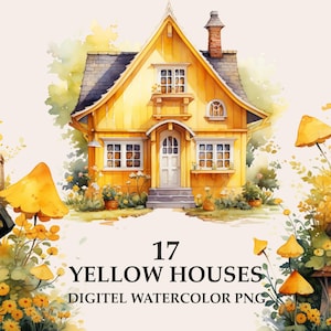Yellow house with flowers clipart png, country cute house spring clipart