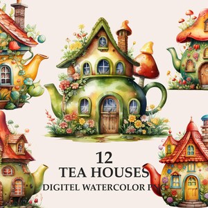 Tea house watercolor clipart png, teapot house, children's clipart png