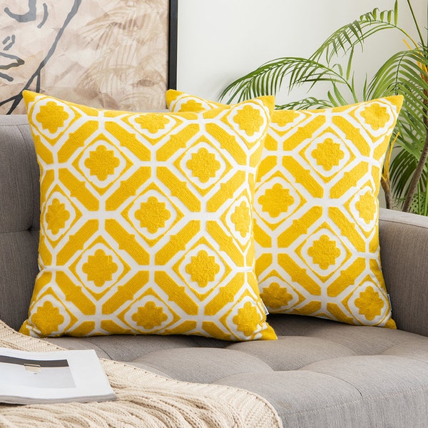 Yellow Floral Embroidered Decorative Throw Pillow Covers 18x18 Inches for Bed, Couch, Sofa, Farmhouse, Boho, Modern Square Pillow Covers