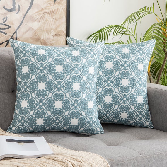 Green Floral Embroidered Decorative Throw Pillow Covers 18x18 Inches for Bed Couch Sofa Farmhouse Boho Modern Square Pillow Covers Etsy