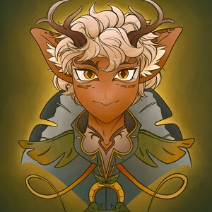 May include: A digital illustration of a person with light brown skin, white hair, and antlers. They are wearing a blue and green cloak with a gold chain and a pendant. The background is a dark green.