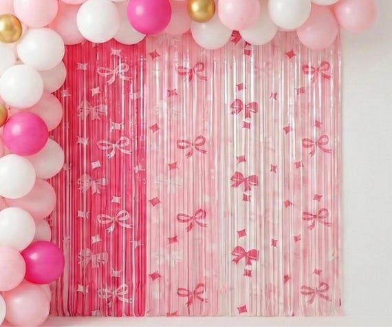 Pink Bow Foil Fringe Curtains Bachelorette Party Backdrop Hen Party Decorations Bridal Shower Photo Background