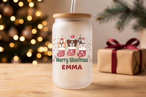 Customised Christmas Tumbler 16oz Dog Lover Gift Merry Woofmas Glass Cup Dog Mum Present