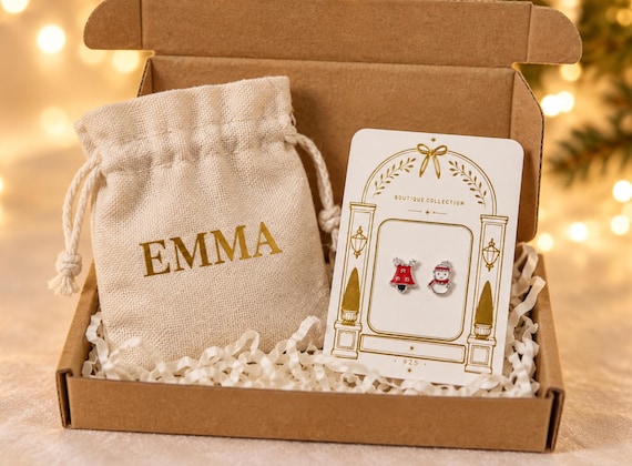Santa Snowman Christmas Earrings 925 Sterling Silver Studs Personalised Gift Pouch Kraft Gift Box Secret Santa Mismatched Pair