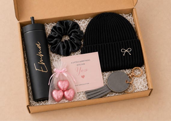 Personalised Pamper Gift Box for Her, Black Tumbler, Beanie, Scrunchie, Keyring & Chocolates, Birthday or Christmas Gift