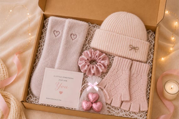 Winter Gift Box for Her, Pink Hat Gloves Socks Gift Set, Christmas Self Care Hamper, Birthday Gift for Mum Sister Friend