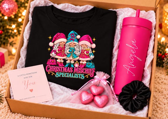 Personalised Secret Santa Gift Box Cute Gnome Christmas Shirt Custom Name Tumbler Holiday Set