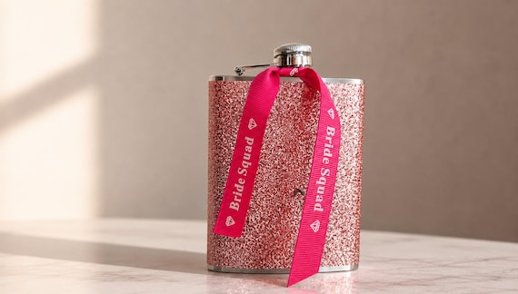 Bride Squad Hip Flask, Hen Party Gift for Bridesmaids, Glitter Pink Bachelorette Flask, Maid of Honour Wedding Drink Accessory