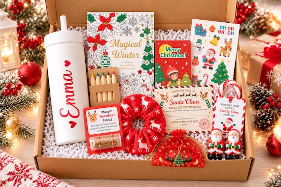 Personalized Christmas Eve Box for Girls White Tumbler Gift Set Holiday Activity Book Treats Xmas Stocking Stuffer