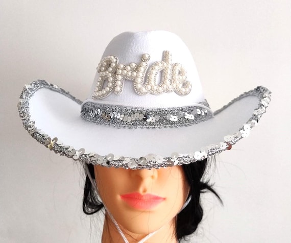 White Bride Cowgirl Hat Sequin Pearl Western Hat for Hen  display picture 1