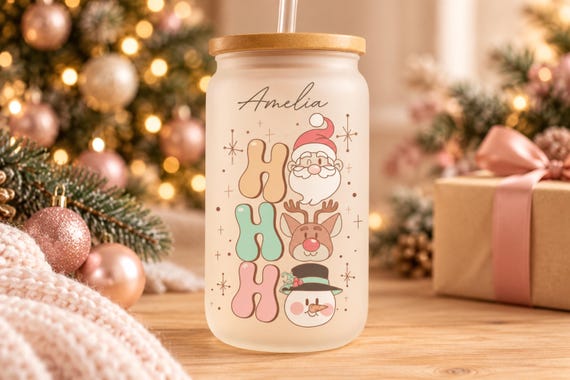 Personalised Christmas Tumbler Frosted Glass Cup with Bamboo Lid | Ho Ho Ho Santa Reindeer Snowman Design | Custom Holiday Glass Mug