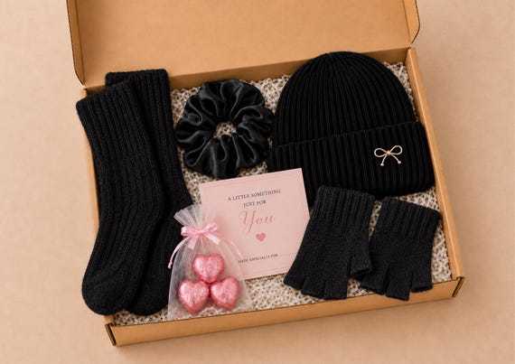 Winter Gift Box for Her Christmas Present Autumn Self Care Set Beanie Socks Fingerless Gloves Scrunchie Chocolates Thinking of You