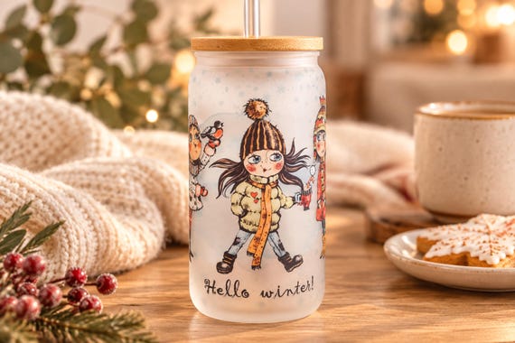 Winter Tumbler Christmas Gift Frosted Glass Cup Bamboo Lid Reusable Straw Girl Design Teacher Gift Secret Santa