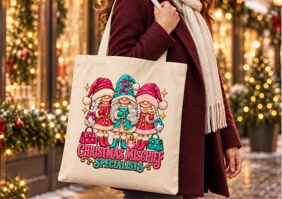Christmas Gnome Tote Bag Women Cute Holiday Cotton Shopper Winter Gift