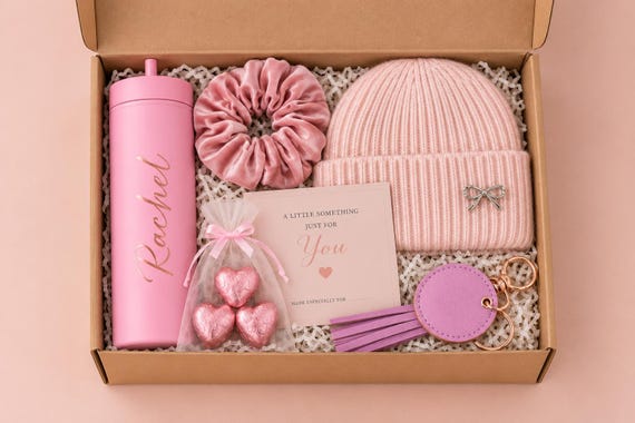 Personalized Pink Gift Box for Her, Custom Tumbler Beanie Set, Birthday Care Package, Bridesmaid Proposal Gift Women