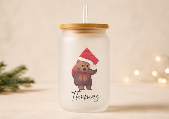 Personalised Christmas Frosted Glass Tumbler with Straw Custom Name Bear Cup Kids Christmas Gift Bamboo Lid Cold Drink Glass