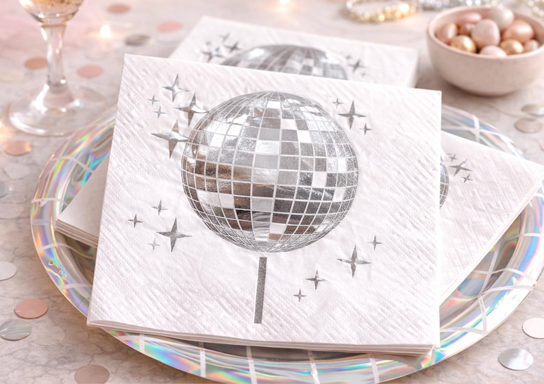 disco ball napkins, disco party decor, disco theme party, metallic napkins, disco table decor, disco birthday decor, retro party decor, 70s party decor, disco bachelorette, disco bridal shower, disco engagement, disco themed party, silver party decor