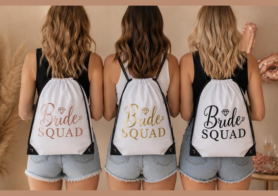 Bride Squad Drawstring Bag, Hen Party Favour Bag, Bachelorette Drawstring Backpack, Bridal Squad Gift Bag, Rose Gold Gold Black Hen Do Tote