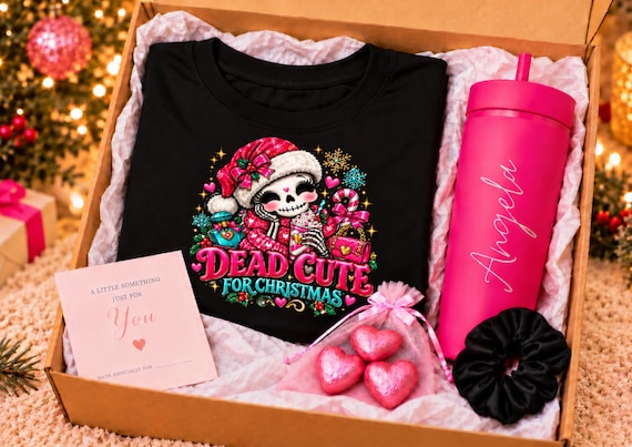 Dead Cute Christmas Gift Box for Her Personalised Pink Tumbler Skeleton Graphic T Shirt Chocolate Gift Hamper