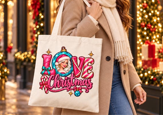 LOVE Christmas Tote Bag Women Holiday Shopper Reusable Cotton Gift Bag